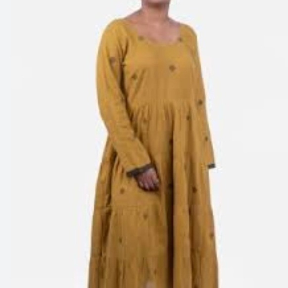 Cargo Mustard Yellow Cotton Tiered Midi Dress Handmade Embroidered Floral Large